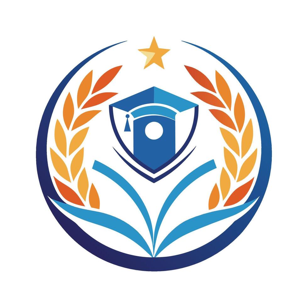 une bleu et Orange emblème avec une étoile sur haut, symbolisant éducation et réalisation, un élégant et minimaliste logo symbolisant éducatif innovation vecteur