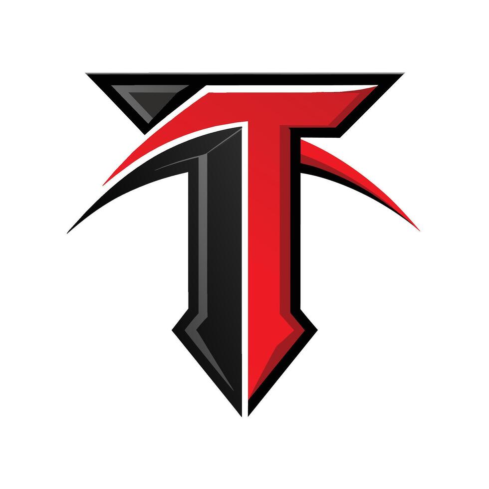 une rouge et noir t logo des stands en dehors contre une blanc arrière-plan, noir rouge t alphabet lettre logo icône conception vecteur