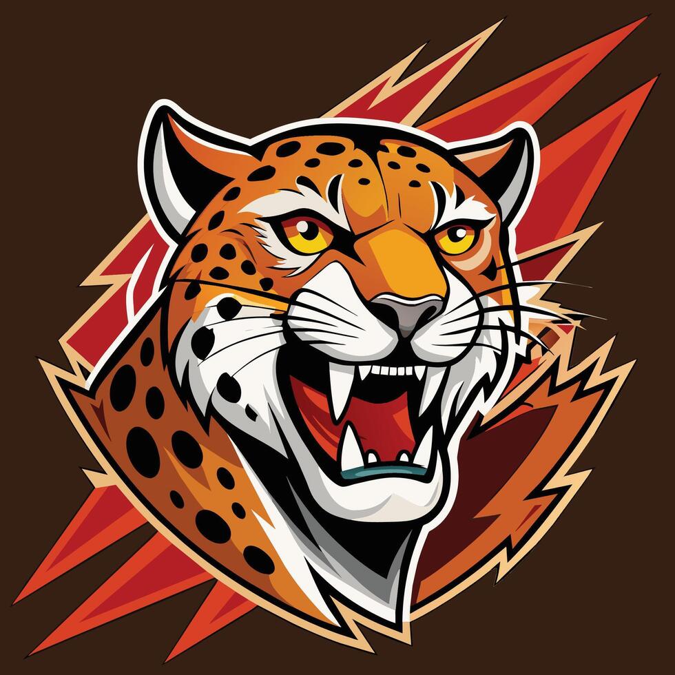 une féroce tigres tête contre une vibrant rouge et Orange toile de fond, jaguar logo mascotte, frappant illustration vecteur