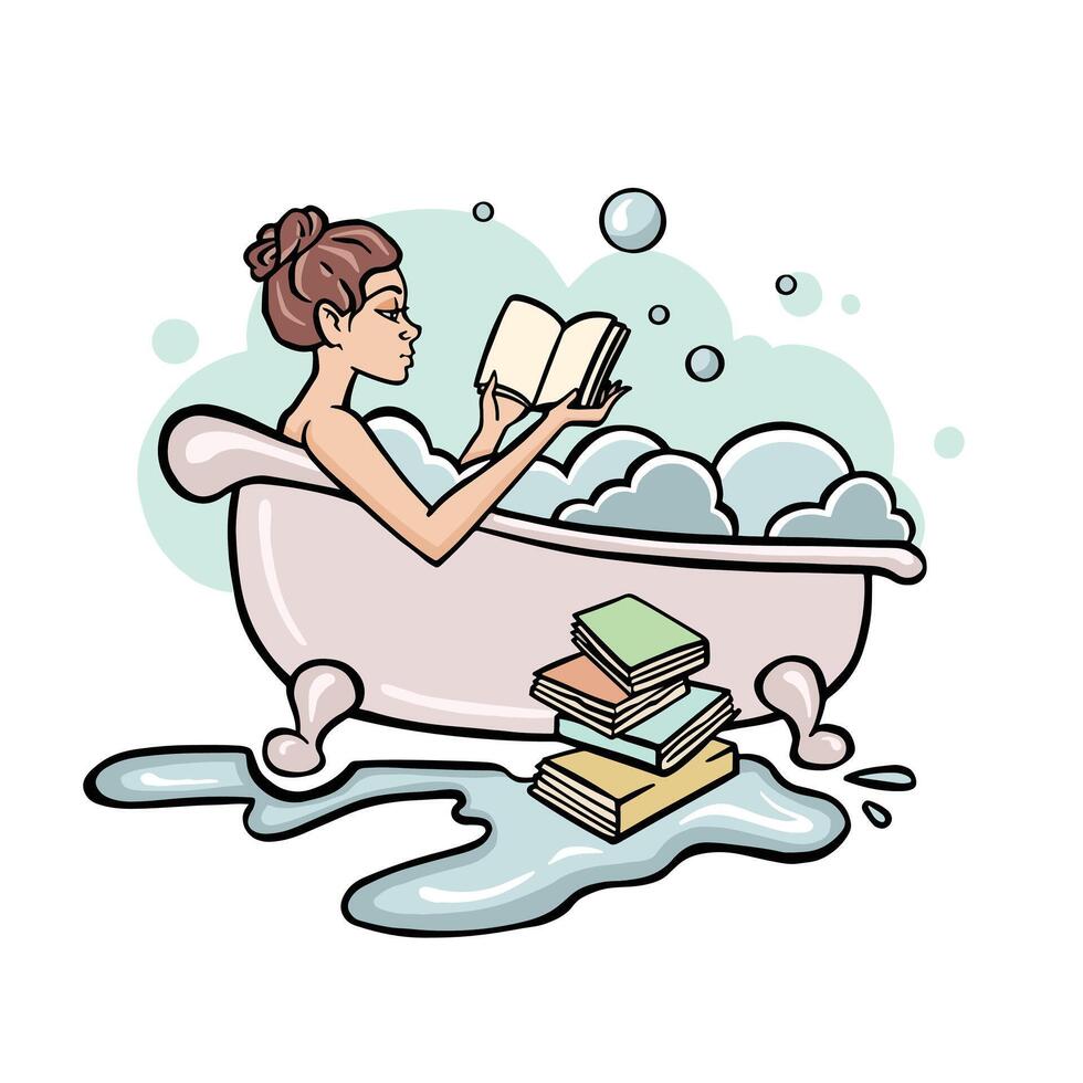 détendu femme prise une baignoire en train de lire art. femelle mensonge dans mousse bulles en portant journal isolé sur blanche. bleu baignoire. femme corps se soucier. vecteur