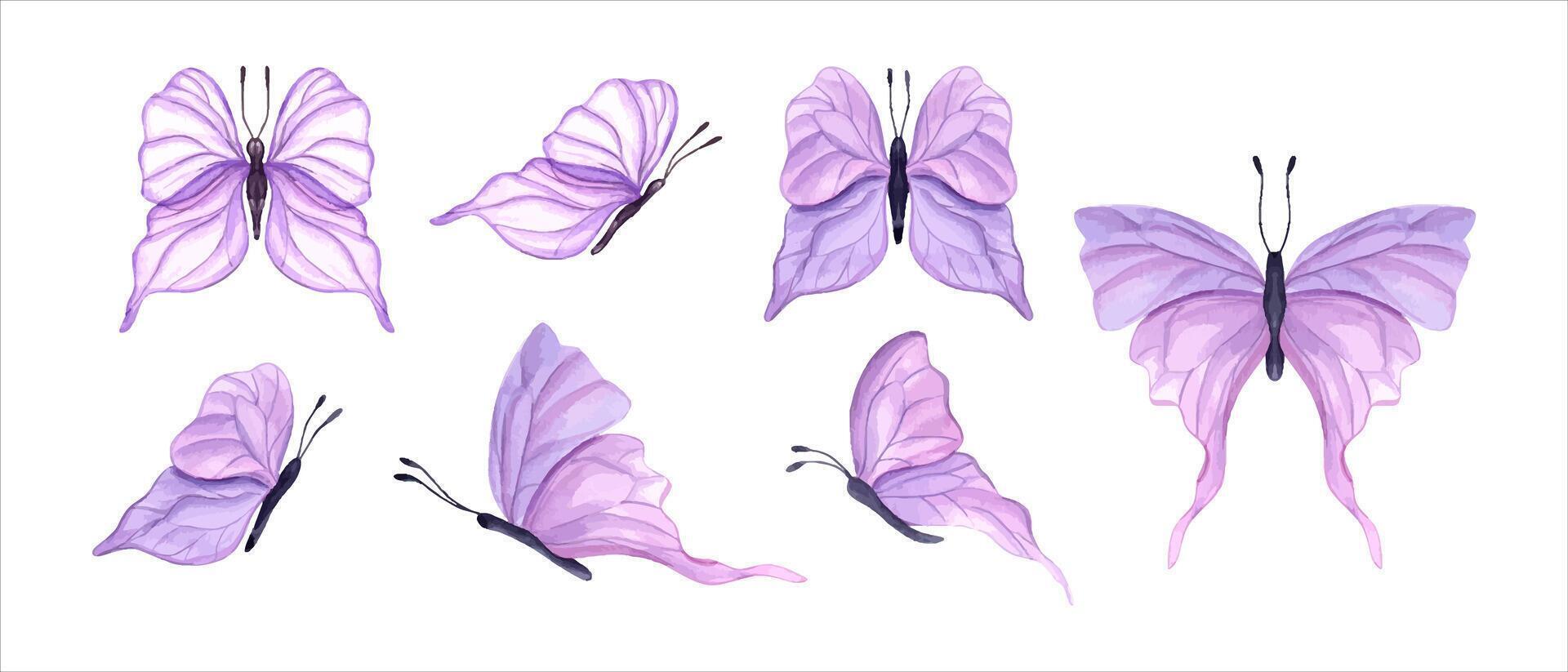 flottant rose papillons. ensemble de abstrait aquarelle tropical insectes. main tiré illustration de mignonne papillon. pour textile, mariage invitation, bannière conception. vecteur