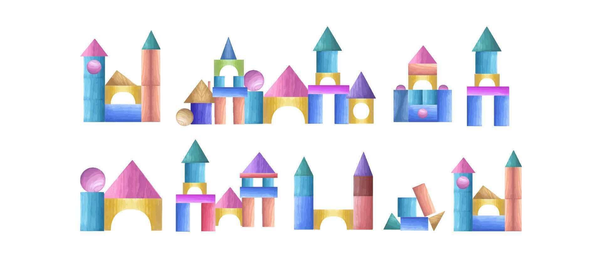 ensemble de en bois châteaux, tours fabriqué de bâtiment briques. tangram géométrique énigmes. multicolore enfant blocs. aquarelle illustration pour le conception de bébé cartes, les enfants vacances. vecteur