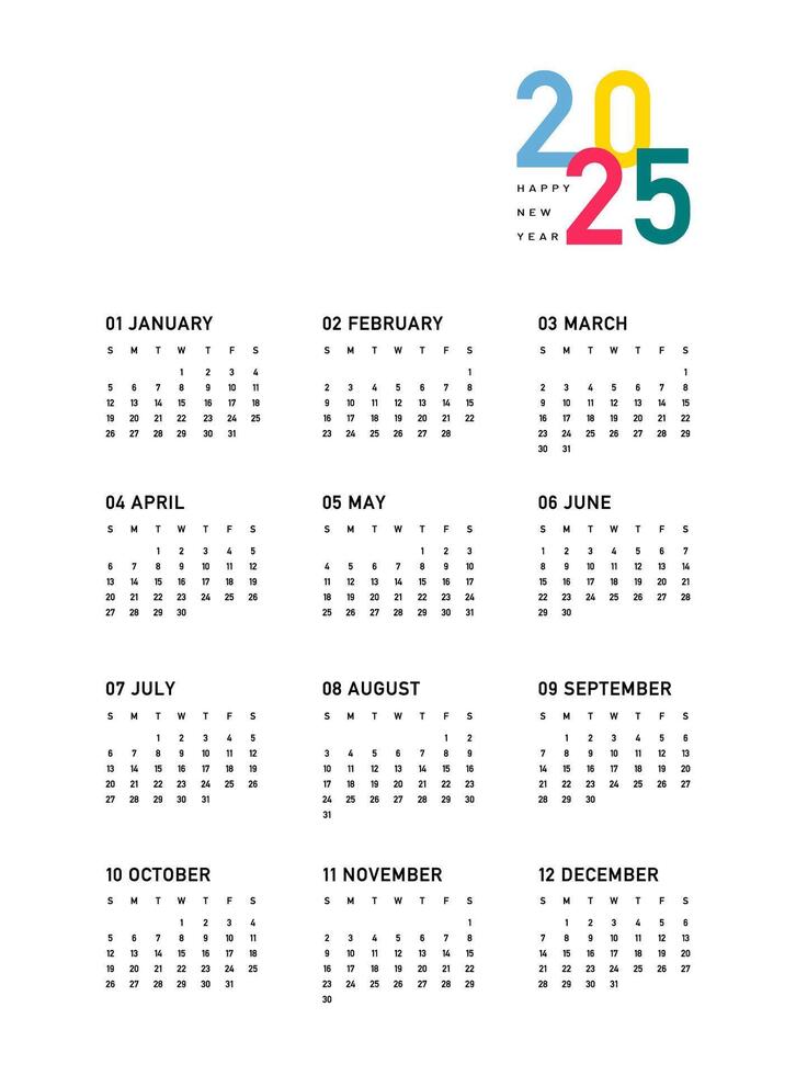 calendrier 2025, la semaine départs sur dimanche, sur blanc Contexte avec coloré caractères de le année, modèle. affaires calendrier dans une minimaliste style pour 2025 an. vecteur