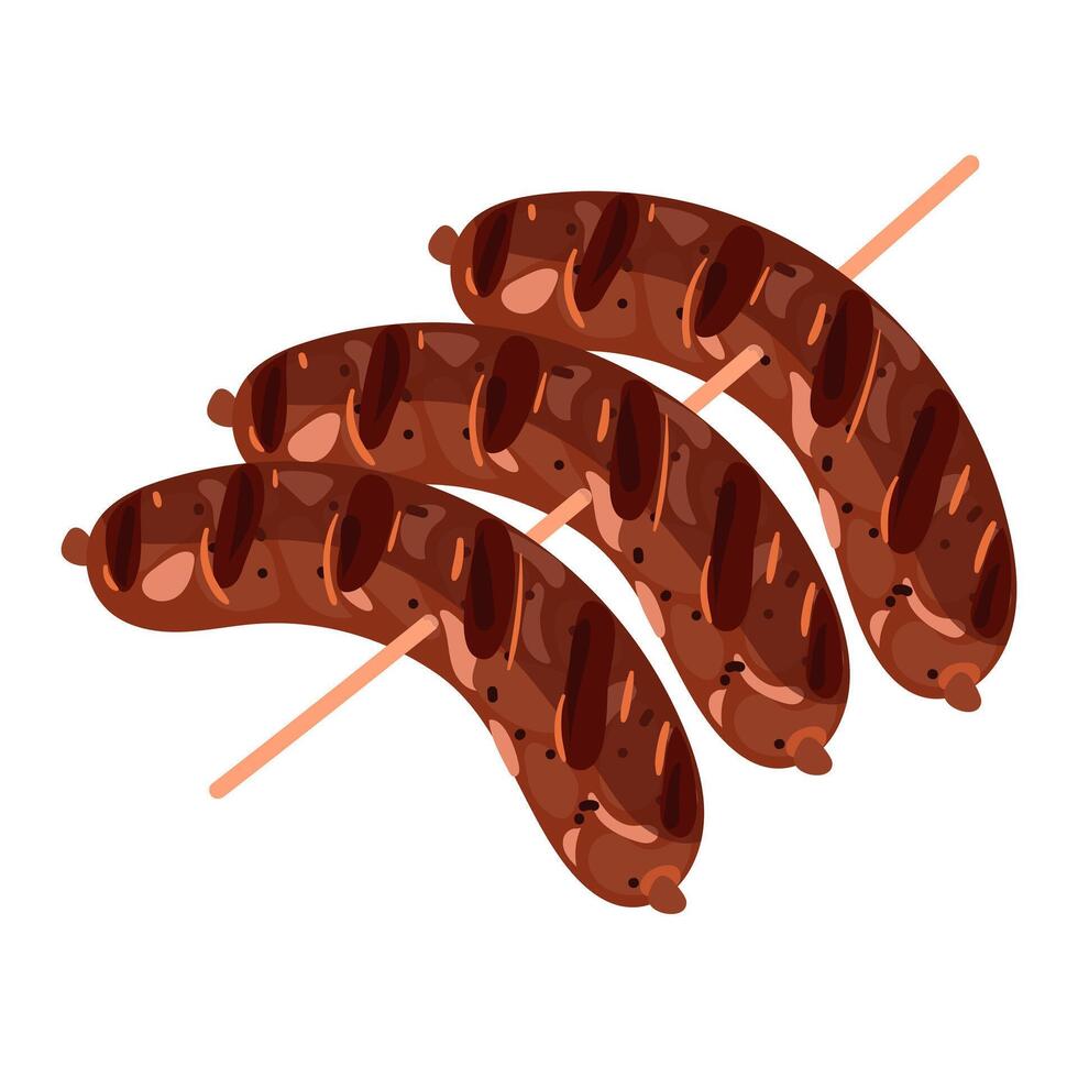 individuel frit saucisses sur une brochette sont isolé sur blanche. grillé saucisses sur une brochette. adapté au barbecue restaurant menus, cuisine les blogs, recette cartes, nourriture annonces. illustration vecteur