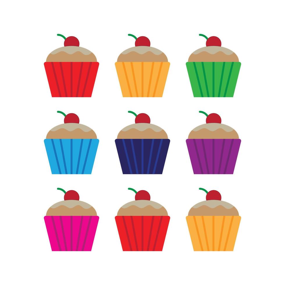 gâteau cuit des biens petit gâteau cuire boulangerie sucré dent muffin glaçage décoré Cerise sur Haut illustration coloré coloré conception Facile plat amusement espiègle enfants style isolé blanc Contexte vecteur