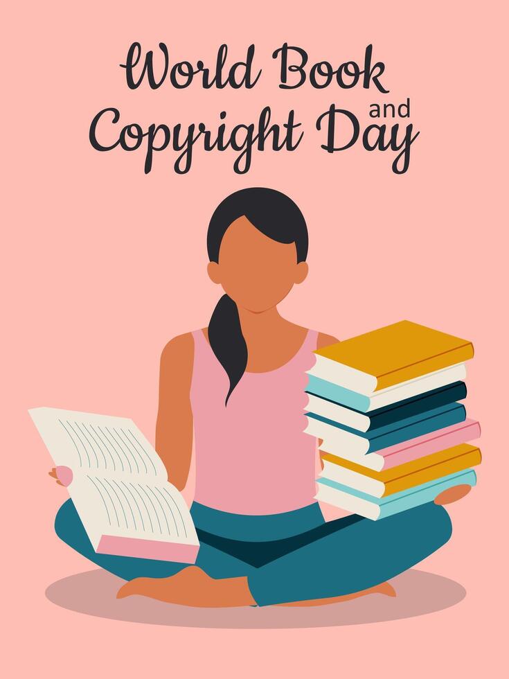 monde livre et droits d'auteur journée. une Jeune femme avec livres dans sa mains est assis dans le lotus position, gagner Nouveau connaissance et en augmentant sa vocabulaire. vecteur