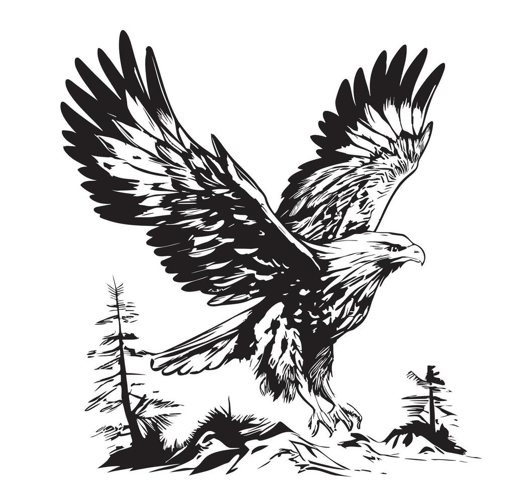 Aigle en volant plus de le forêt esquisser main tiré dans griffonnage style illustration vecteur