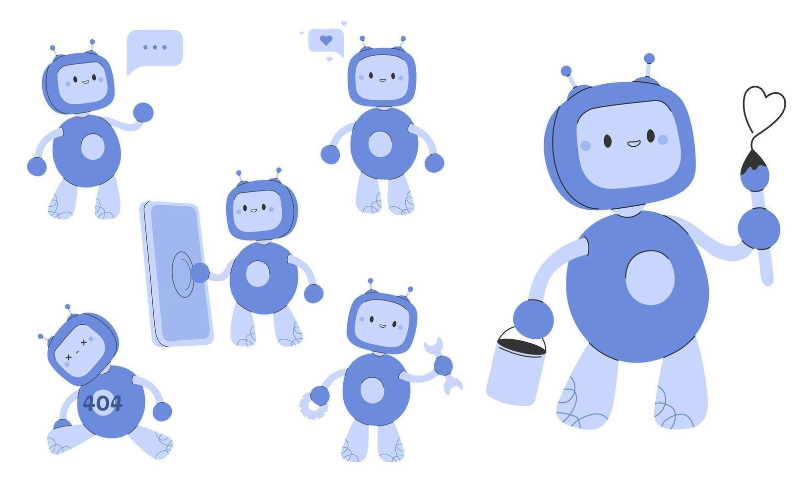 mignonne chatbot ai caractère.artificiel intelligence bavarder un service affaires concept.ai contenu Générateur. chatbot technologie, main tiré robot jouet mascotte. illustration eps dix. vecteur