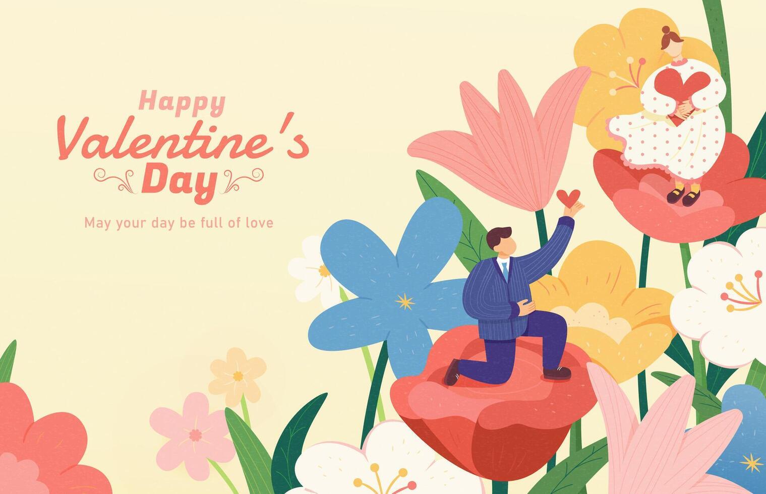 content la Saint-Valentin journée illustration dans plat style. miniature homme a genou sur une Rose et proposer à le femme dans une grand jardin. vecteur