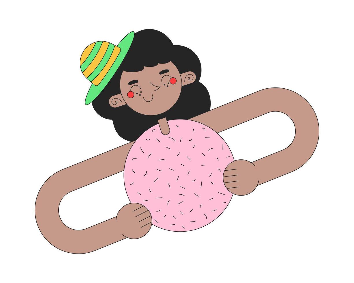 froussard géométrique femme 2d linéaire dessin animé personnage. mains sur les hanches fille bonbons sphère isolé ligne personnage blanc Contexte. africain américain sur de soi femelle Couleur plat place illustration vecteur