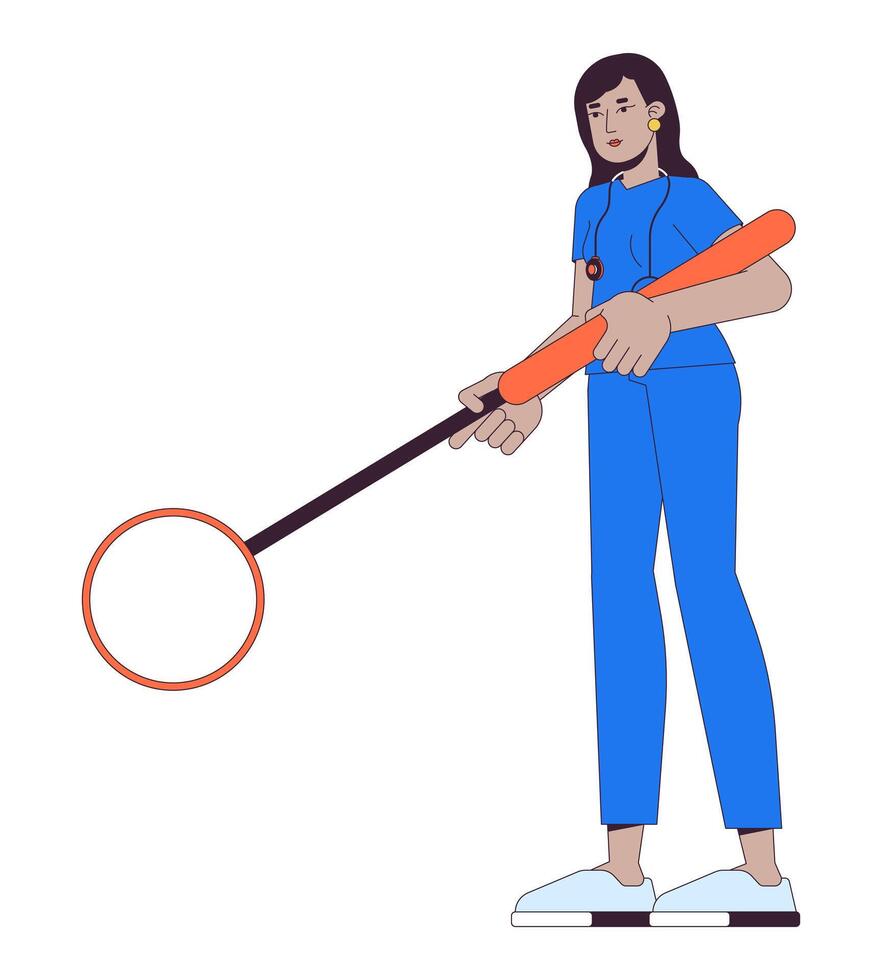 Indien femme médecin avec grossissant verre 2d linéaire dessin animé personnage. femelle thérapeute conduite examen isolé ligne la personne blanc Contexte. médicament Couleur plat place illustration vecteur