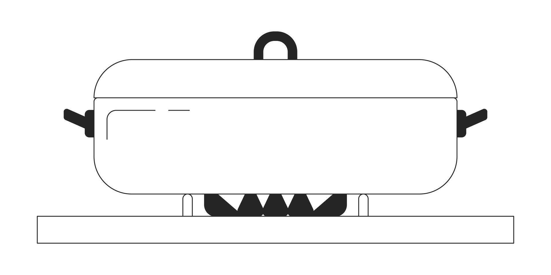 cuisinière pot couvercle noir et blanc 2d ligne dessin animé objet. dîner préparation. cuisine ustensiles de cuisine isolé contour article. pot sur le fourneau flammes. repas en train de préparer monochromatique plat place illustration vecteur