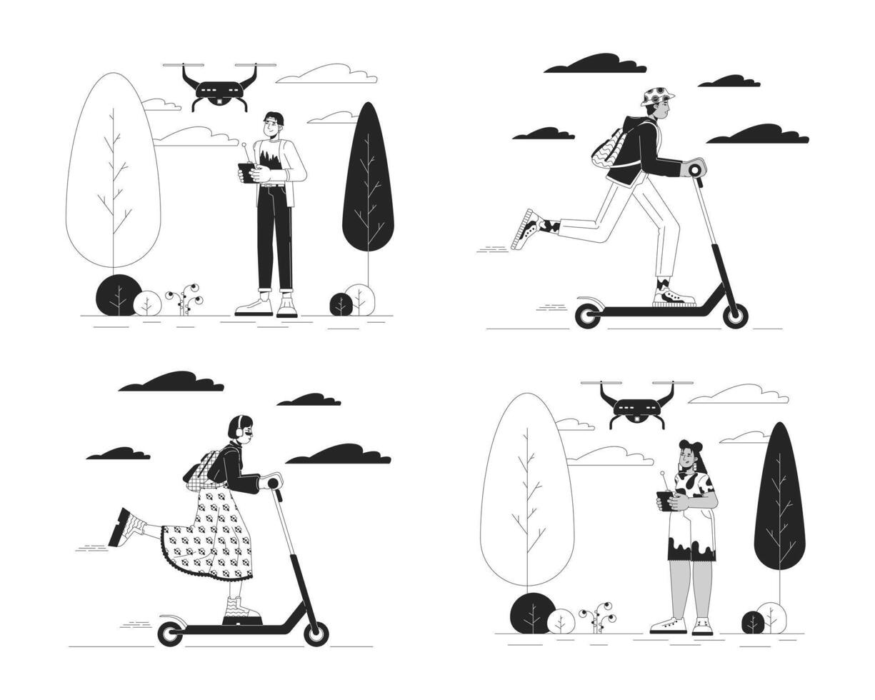 La technologie dans tous les jours la vie noir et blanc dessin animé plat des illustrations ensemble. multiculturel gens 2d lineart personnages isolé. drone drone, scooter électrique monochrome scènes contour images collection vecteur