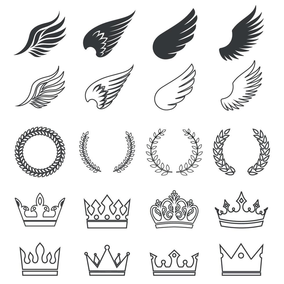 illustration de ailes et couronne Icônes ensemble vecteur