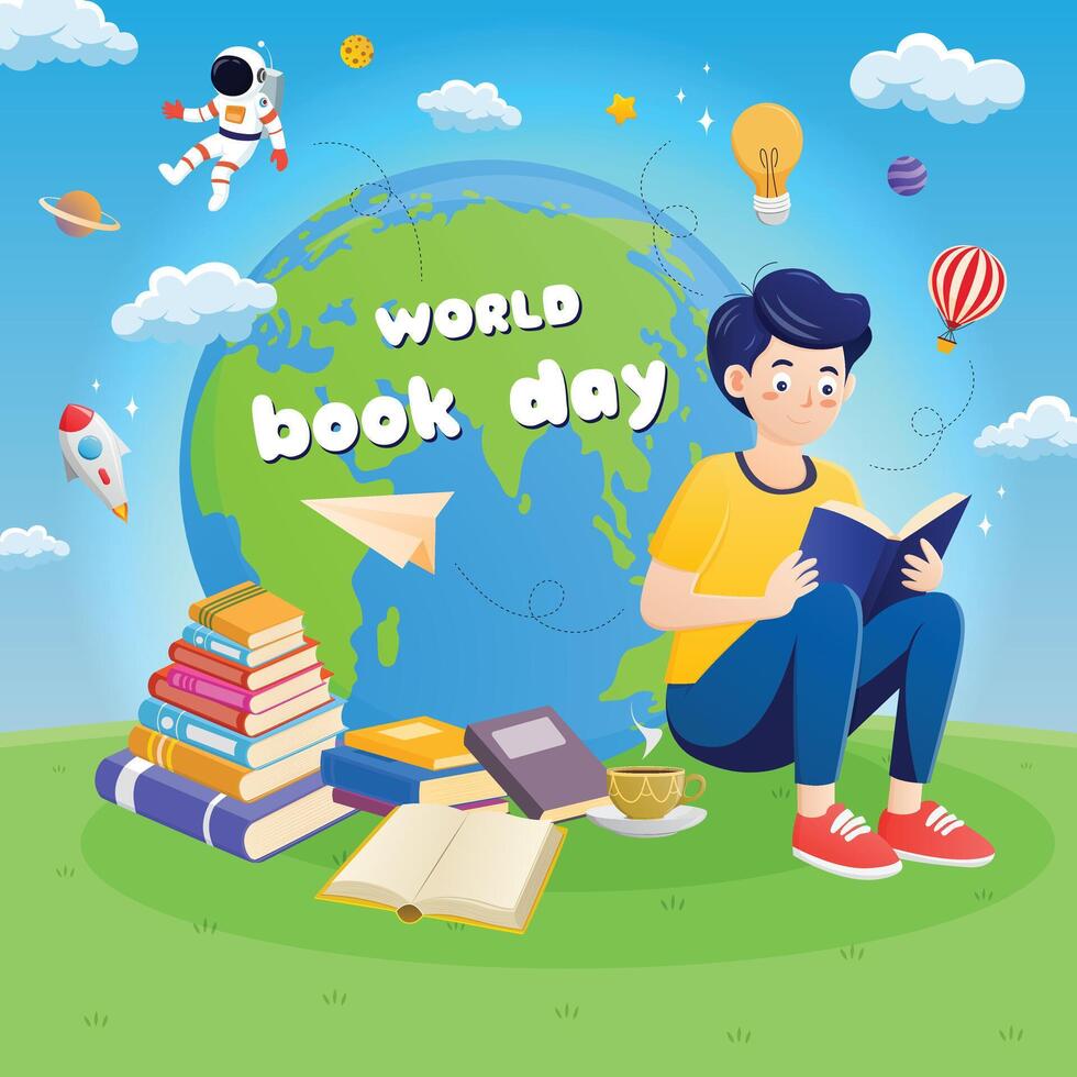 monde livre journée jeunesse enfant en train de lire content la nature dessin animé illustration Contexte conception vecteur