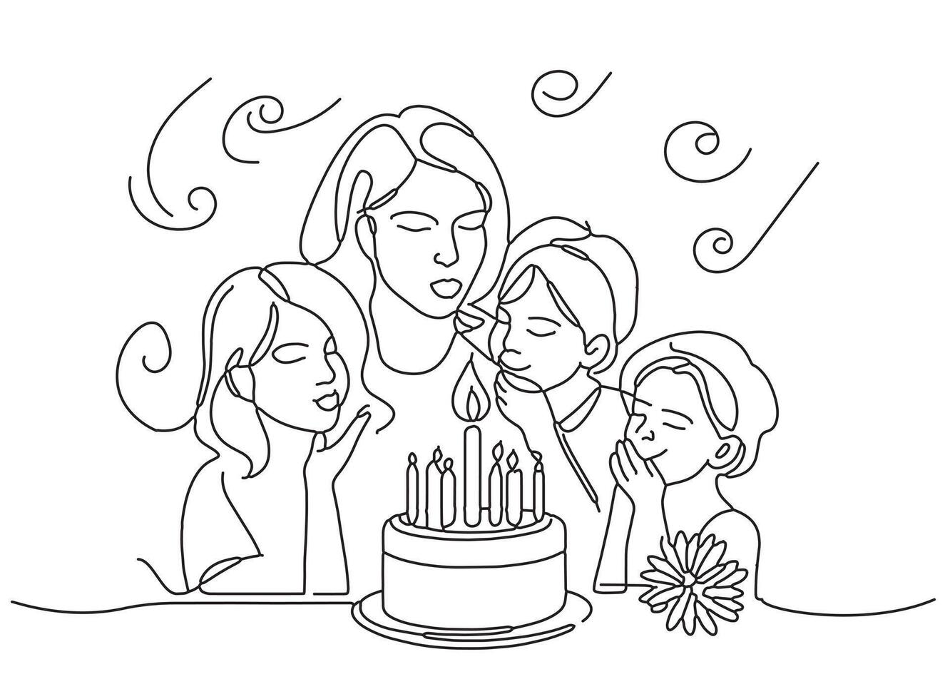 continu ligne dessin de une famille mère et enfant célébrer anniversaire gâteau avec bougies un ligne Créatif idée salutation carte illustration vecteur