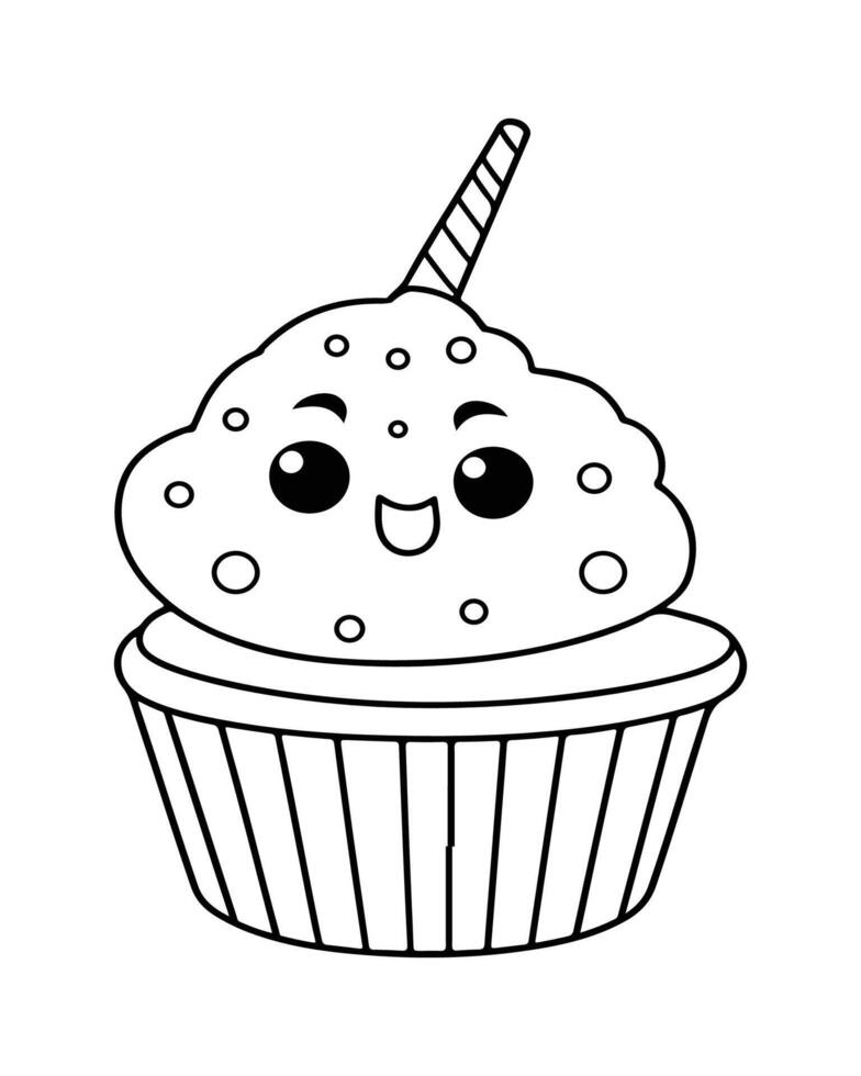 mignonne kawaii petit gâteau coloration pages, petit gâteau illustration, petit gâteau noir et blanc, petit gâteau plat conception, gâteau art. vecteur