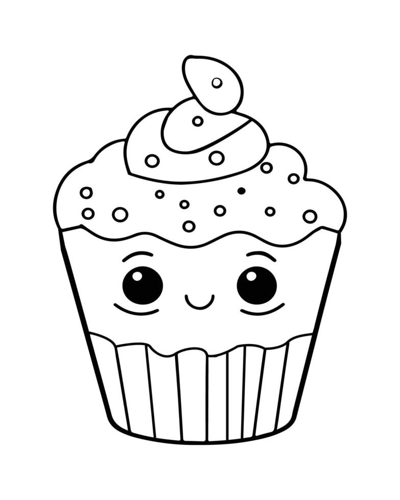 mignonne kawaii petit gâteau coloration pages, petit gâteau illustration, petit gâteau noir et blanc, petit gâteau plat conception, gâteau art. vecteur