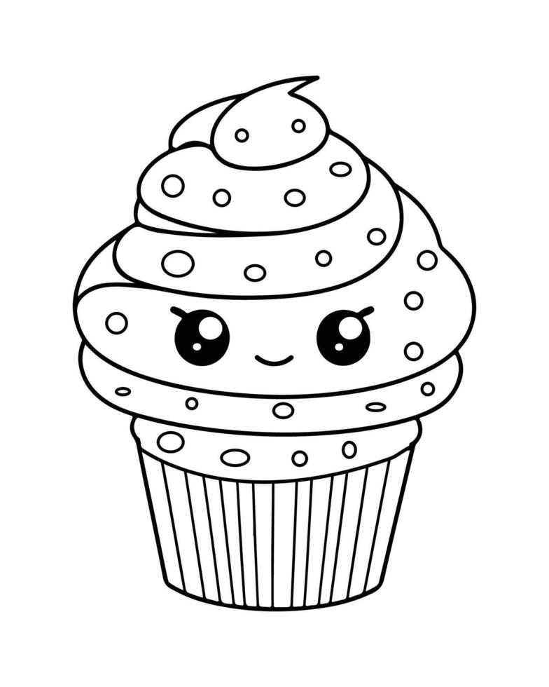 mignonne kawaii petit gâteau coloration pages, petit gâteau illustration, petit gâteau noir et blanc, petit gâteau plat conception, gâteau art. vecteur