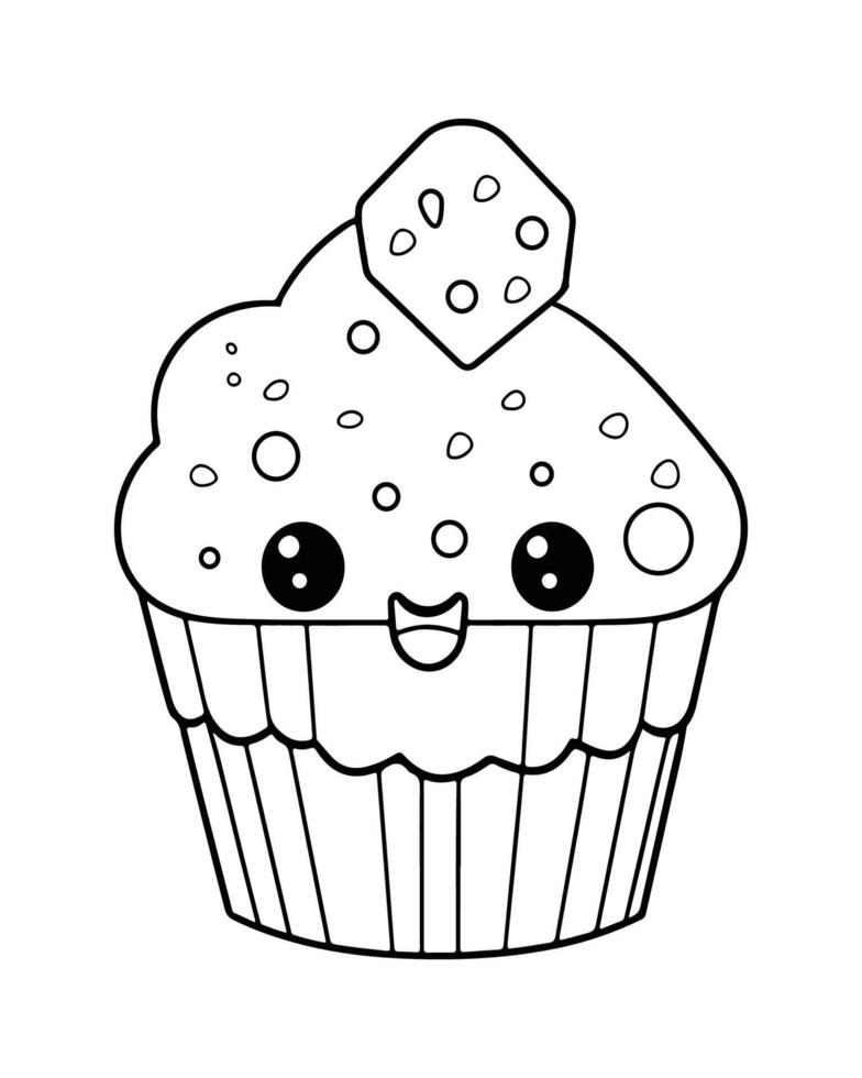 mignonne kawaii petit gâteau coloration pages, petit gâteau illustration, petit gâteau noir et blanc, petit gâteau plat conception, gâteau art. vecteur