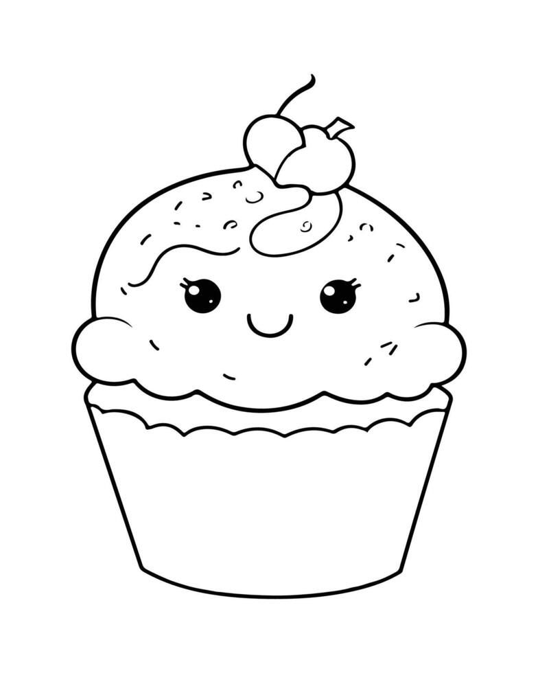 mignonne kawaii petit gâteau coloration pages, petit gâteau illustration, petit gâteau noir et blanc, petit gâteau plat conception, gâteau art. vecteur