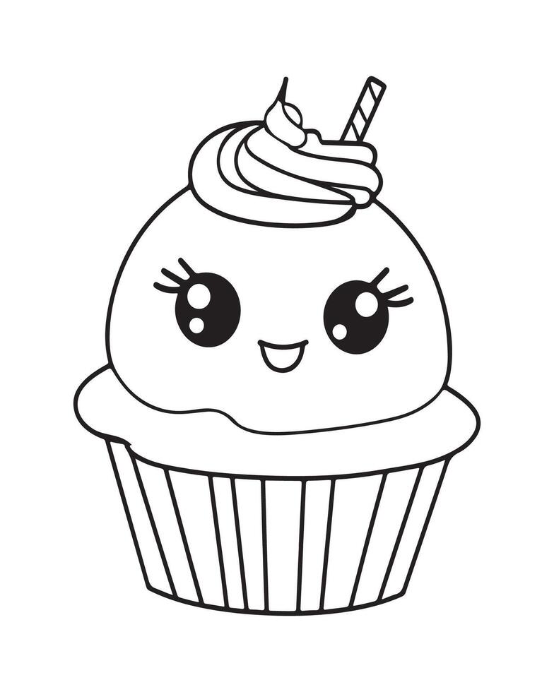 mignonne kawaii petit gâteau coloration pages, petit gâteau illustration, petit gâteau noir et blanc, petit gâteau plat conception, gâteau art. vecteur