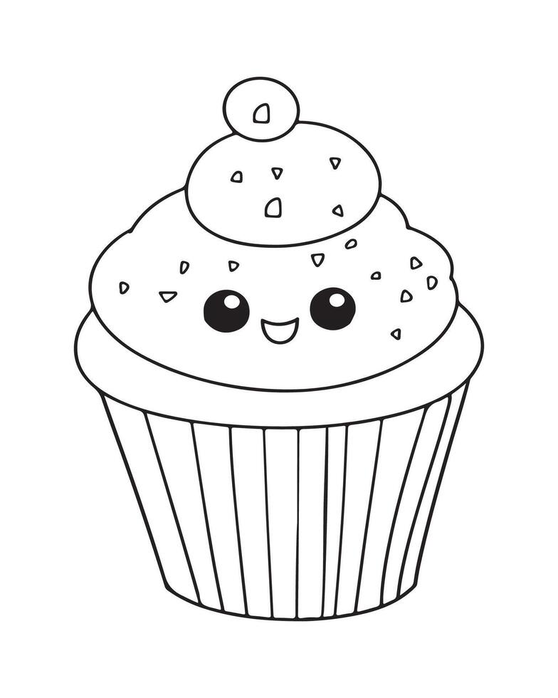 mignonne kawaii petit gâteau coloration pages, petit gâteau illustration, petit gâteau noir et blanc, petit gâteau plat conception, gâteau art. vecteur