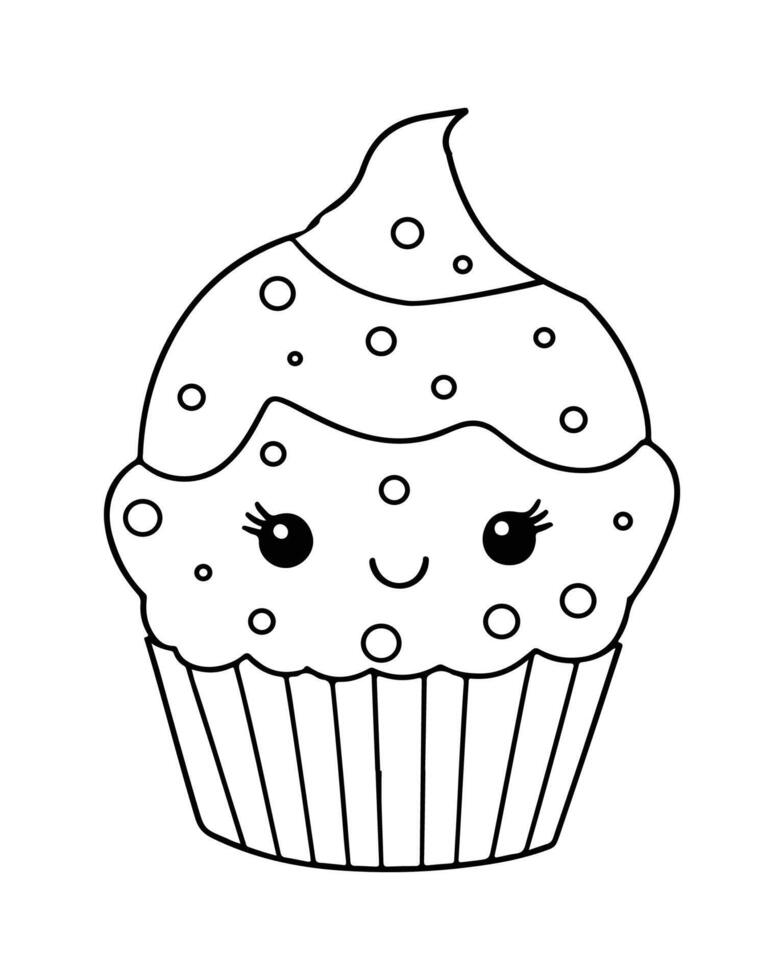 mignonne kawaii petit gâteau coloration pages, petit gâteau illustration, petit gâteau noir et blanc, petit gâteau plat conception, gâteau art. vecteur
