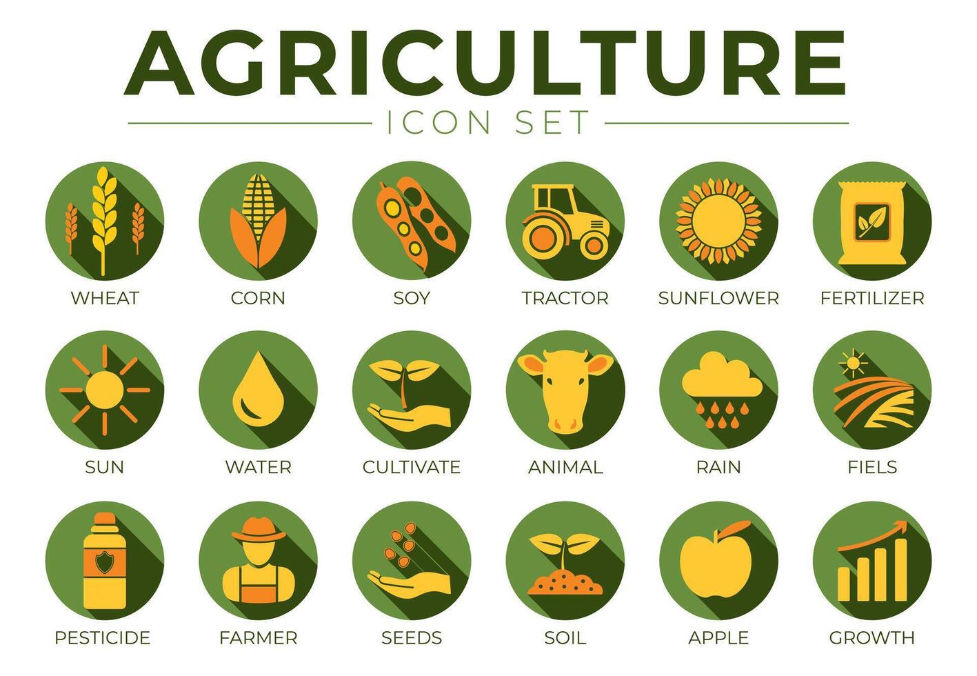 coloré agriculture rond icône ensemble de blé, maïs, soja, tracteur, tournesol, engrais, soleil, eau, cultiver, temps, pluie, des champs, pesticide, agriculteur, graines, sol, pomme, croissance Icônes. vecteur