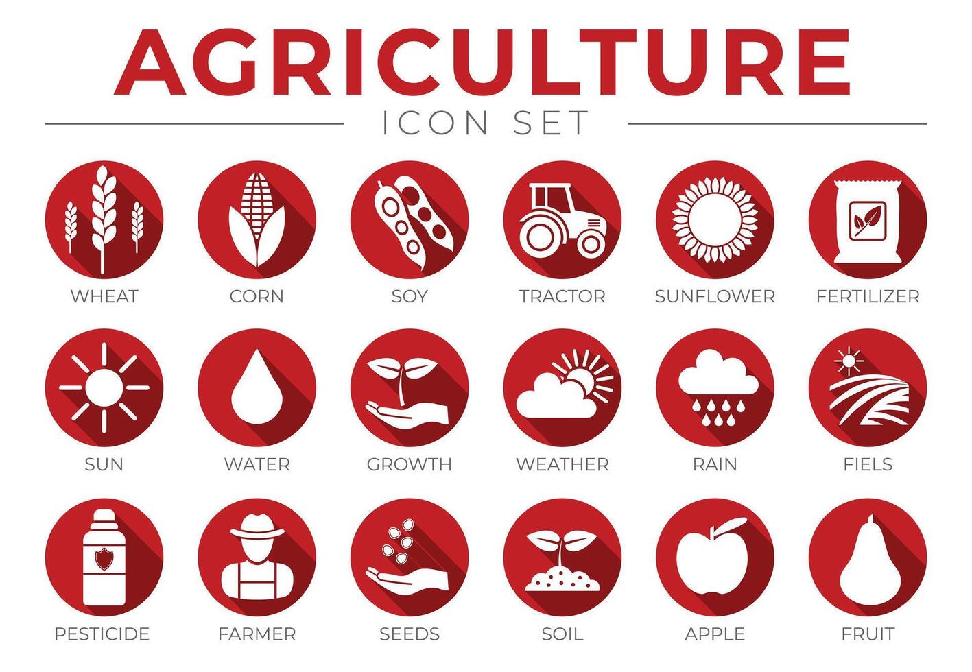 rouge agriculture rond icône ensemble de blé, maïs, soja, tracteur, tournesol, engrais, soleil, eau, croissance, temps, pluie, des champs, pesticide, agriculteur graines, sol, pomme, fruit Icônes. vecteur