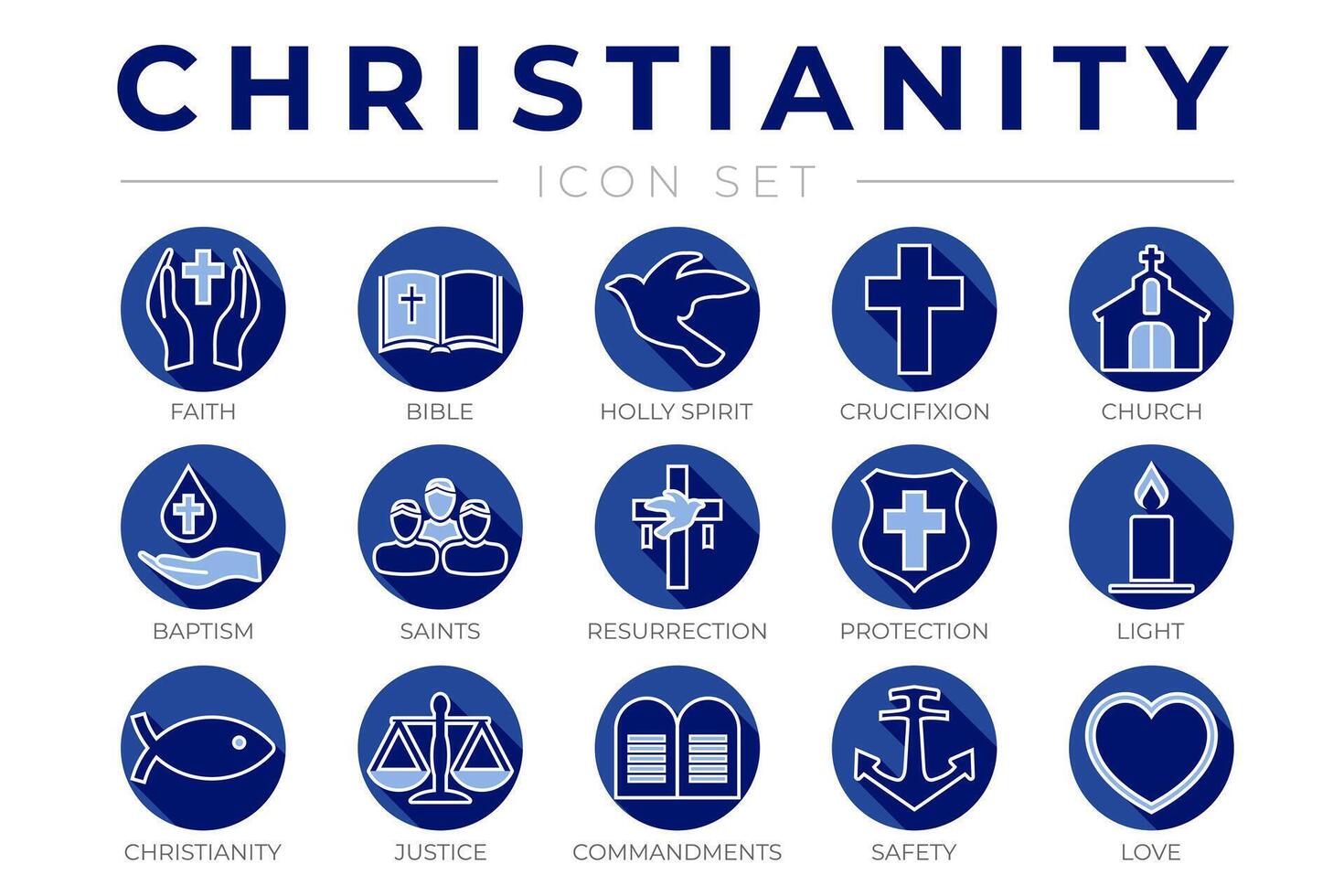 bleu rond contour christianisme icône ensemble avec foi, Bible, crucifixion , Baptême, église, résurrection, saint esprit, saints, commandements, lumière, protection, justice, sécurité et l'amour mince Icônes vecteur