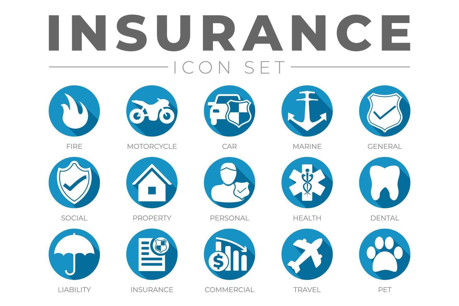 rond plat Assurance icône ensemble avec voiture, propriété, feu, vie, animal de compagnie, voyage, dentaire, santé, Marin, responsabilité Assurance Icônes vecteur