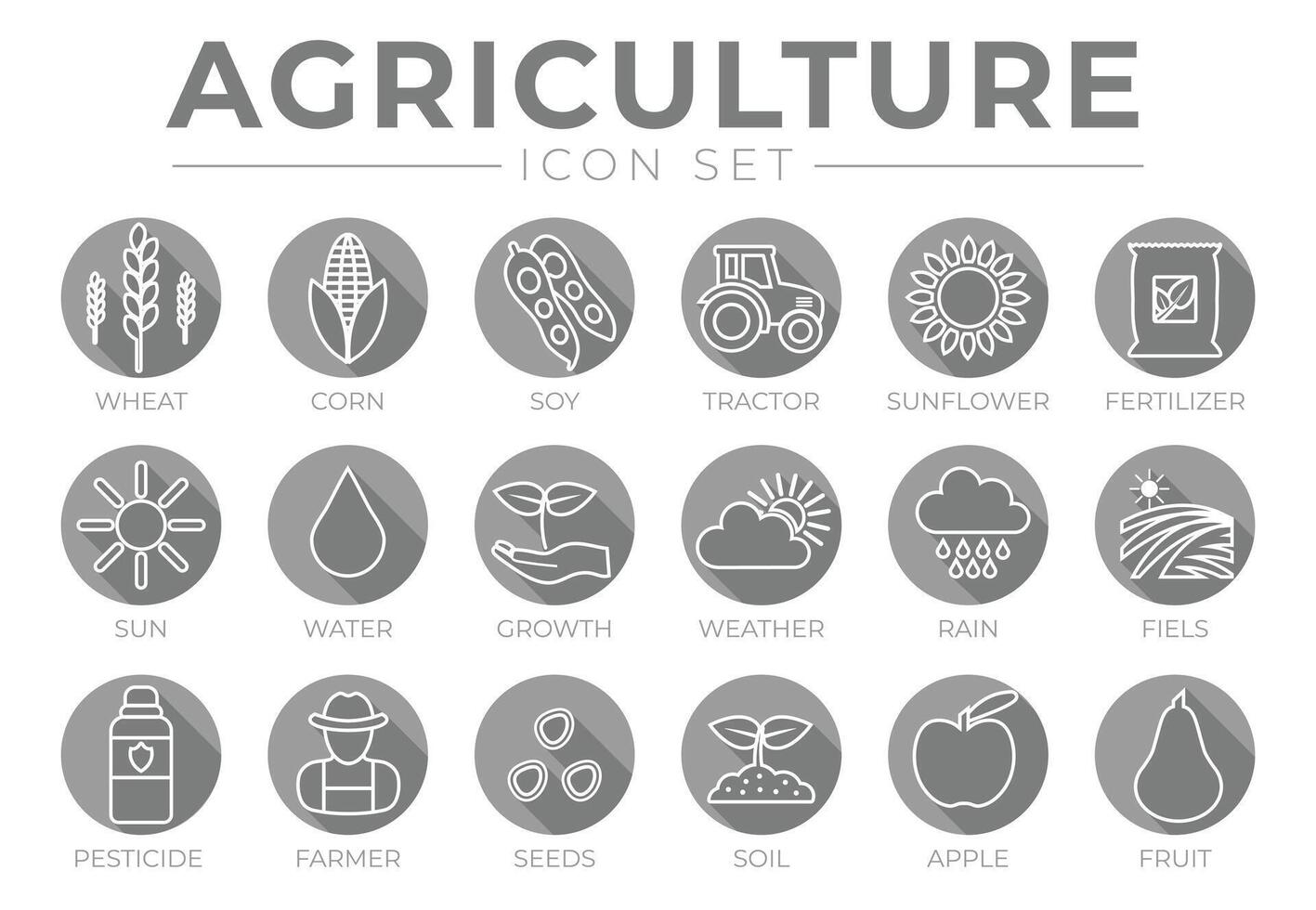 agriculture contour plat et gris rond icône ensemble de blé, maïs, soja, tracteur, tournesol, engrais, soleil, eau, croissance, temps, pluie, des champs, pesticide, agriculteur, graines, sol, pomme, fruit Icônes vecteur