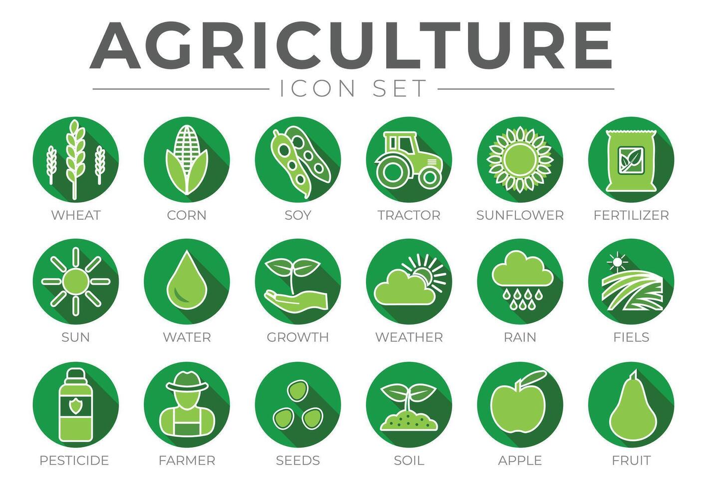 vert coloré agriculture rond icône ensemble de blé, maïs, soja, tracteur, tournesol, engrais, soleil, eau, croissance, temps, pluie, des champs, pesticide, agriculteur, graines, sol, pomme, fruit Icônes. vecteur