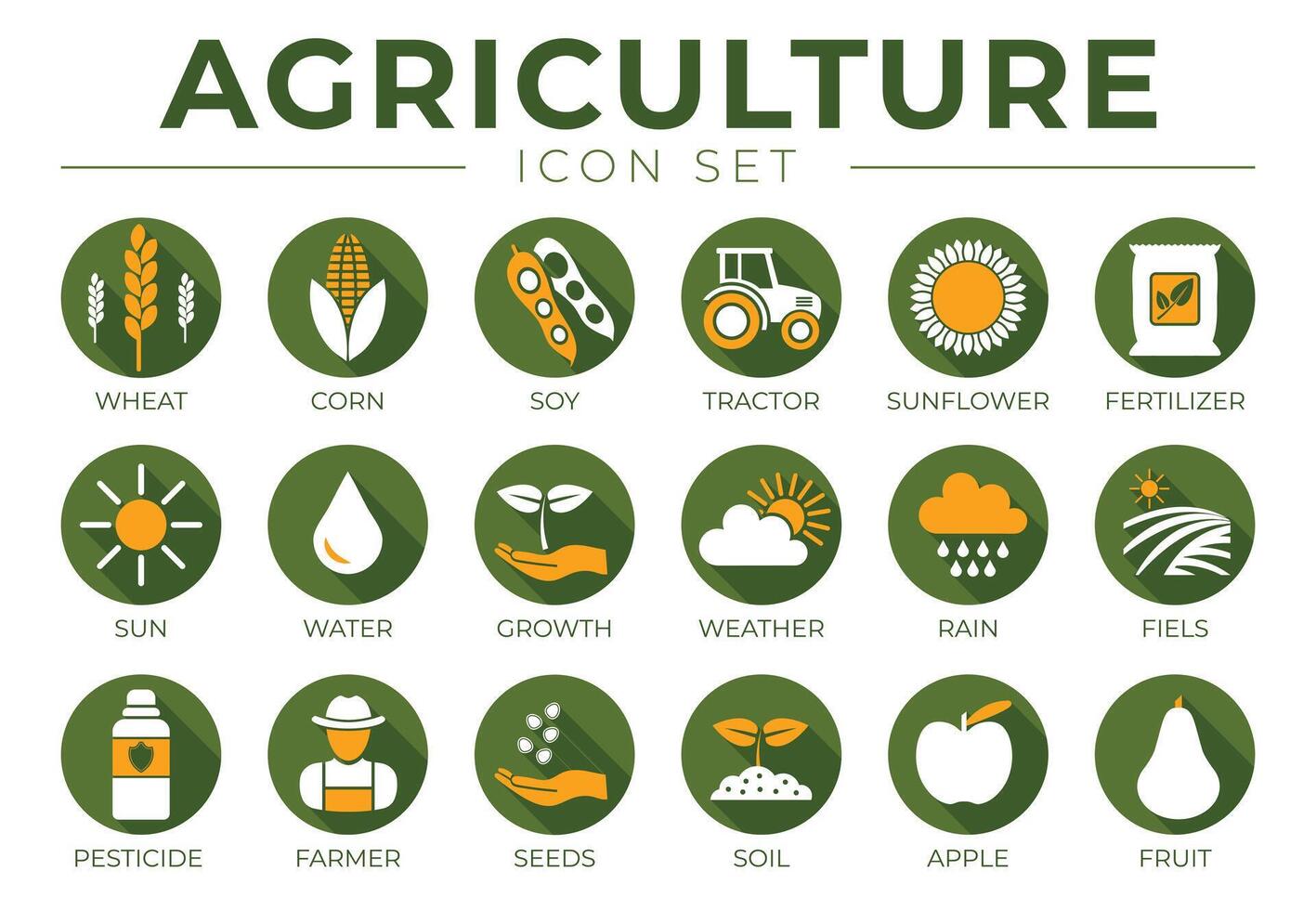 agriculture rond icône ensemble avec blé, maïs, soja, tracteur, tournesol, engrais, soleil, eau, croissance, temps, pluie, des champs, pesticide, agriculteur graines, sol, pomme, fruit Icônes. vecteur