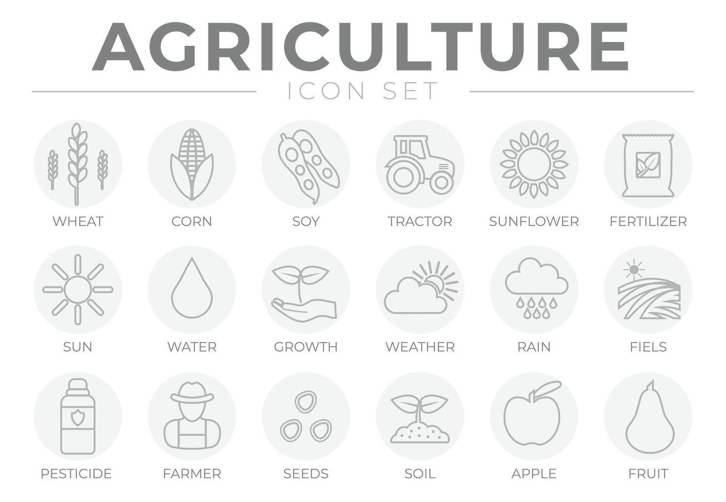 agriculture contour gris rond icône ensemble de blé, maïs, soja, tracteur, tournesol, engrais, soleil, eau, croissance, temps, pluie, des champs, pesticide, agriculteur, graines, sol, pomme, fruit Icônes. vecteur