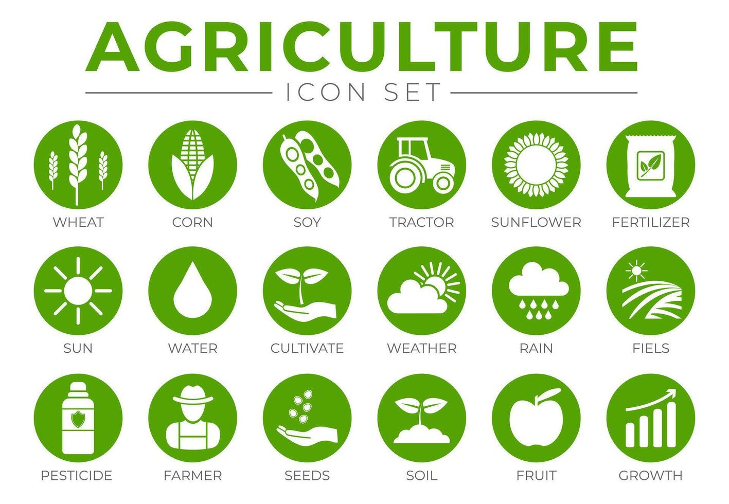 vert agriculture rond icône ensemble de blé, maïs, soja, tracteur, tournesol, engrais, soleil, eau, cultiver, temps, pluie, des champs, pesticide, agriculteur, graines, sol, pomme, croissance Icônes. vecteur