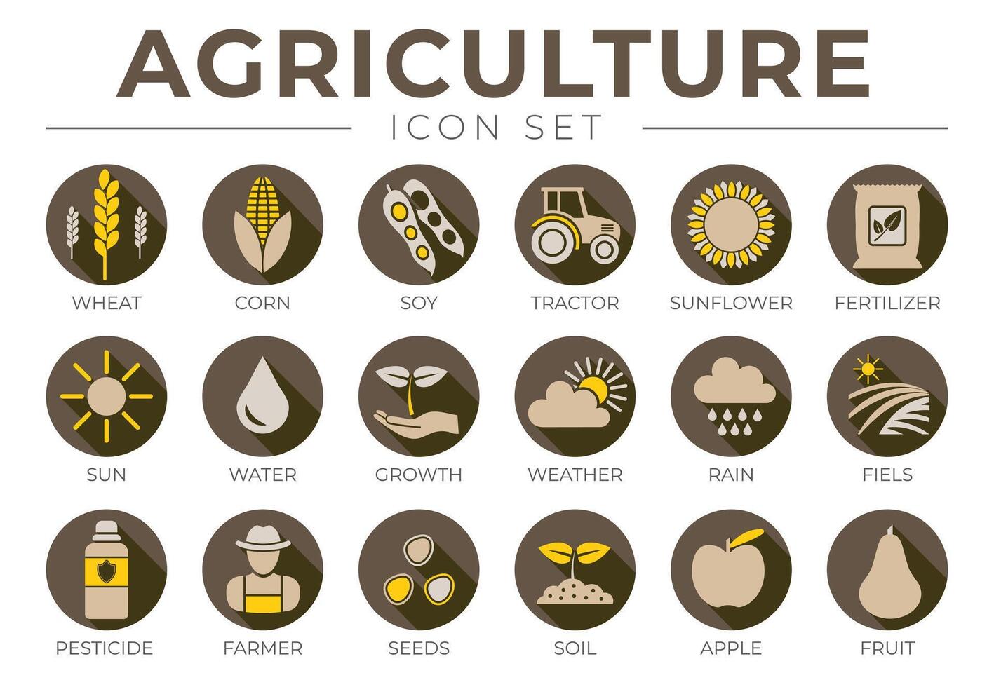 marron agriculture rond icône ensemble de blé, maïs, soja, tracteur, tournesol, engrais, soleil, eau, croissance, temps, pluie, des champs, pesticide, agriculteur graines, sol, pomme, fruit Icônes. vecteur