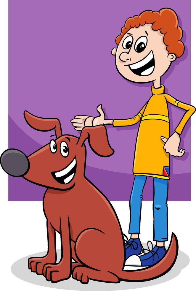 content dessin animé garçon personnage avec le sien chien vecteur
