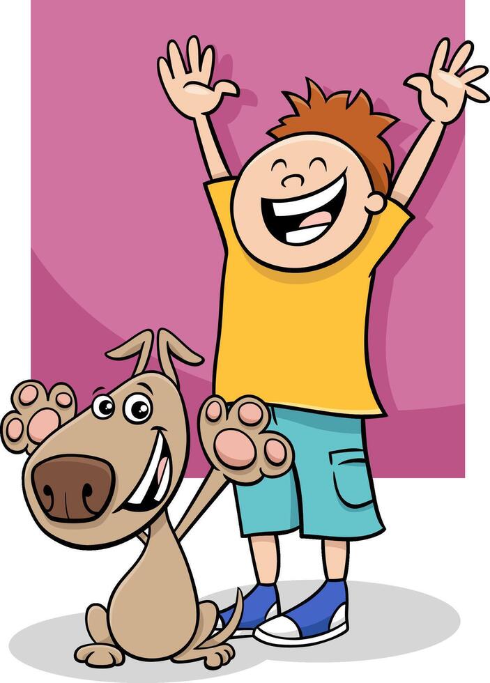 content dessin animé garçon personnage avec le sien animal de compagnie chien vecteur
