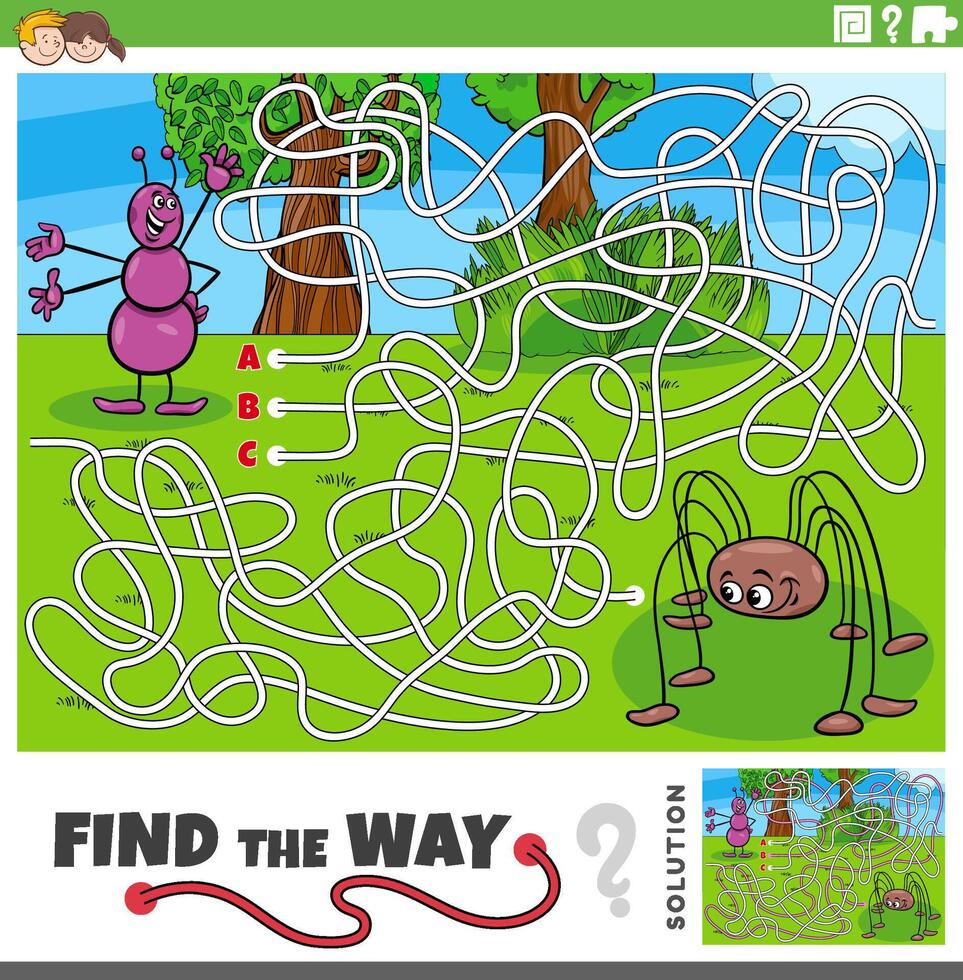 Labyrinthe Jeu avec dessin animé fourmi et araignée personnages vecteur