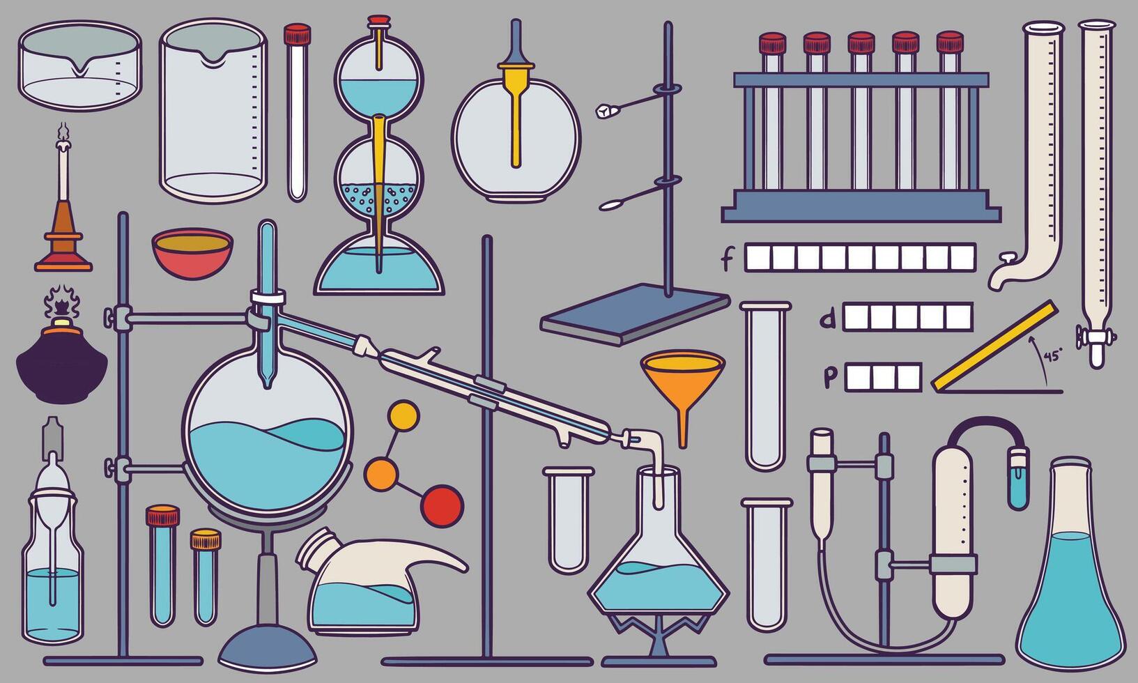 main tiré chimie et laboratoire outils pour médical griffonnage ensemble . santé médecin équipement illustration. vecteur