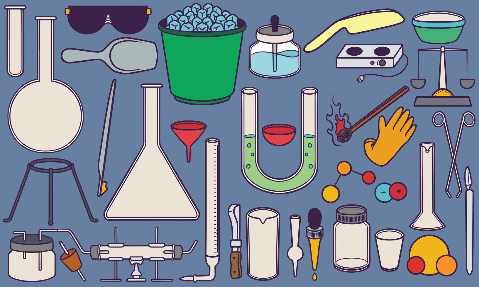 main tiré chimie et laboratoire outils pour médical griffonnage ensemble . santé médecin équipement illustration. vecteur