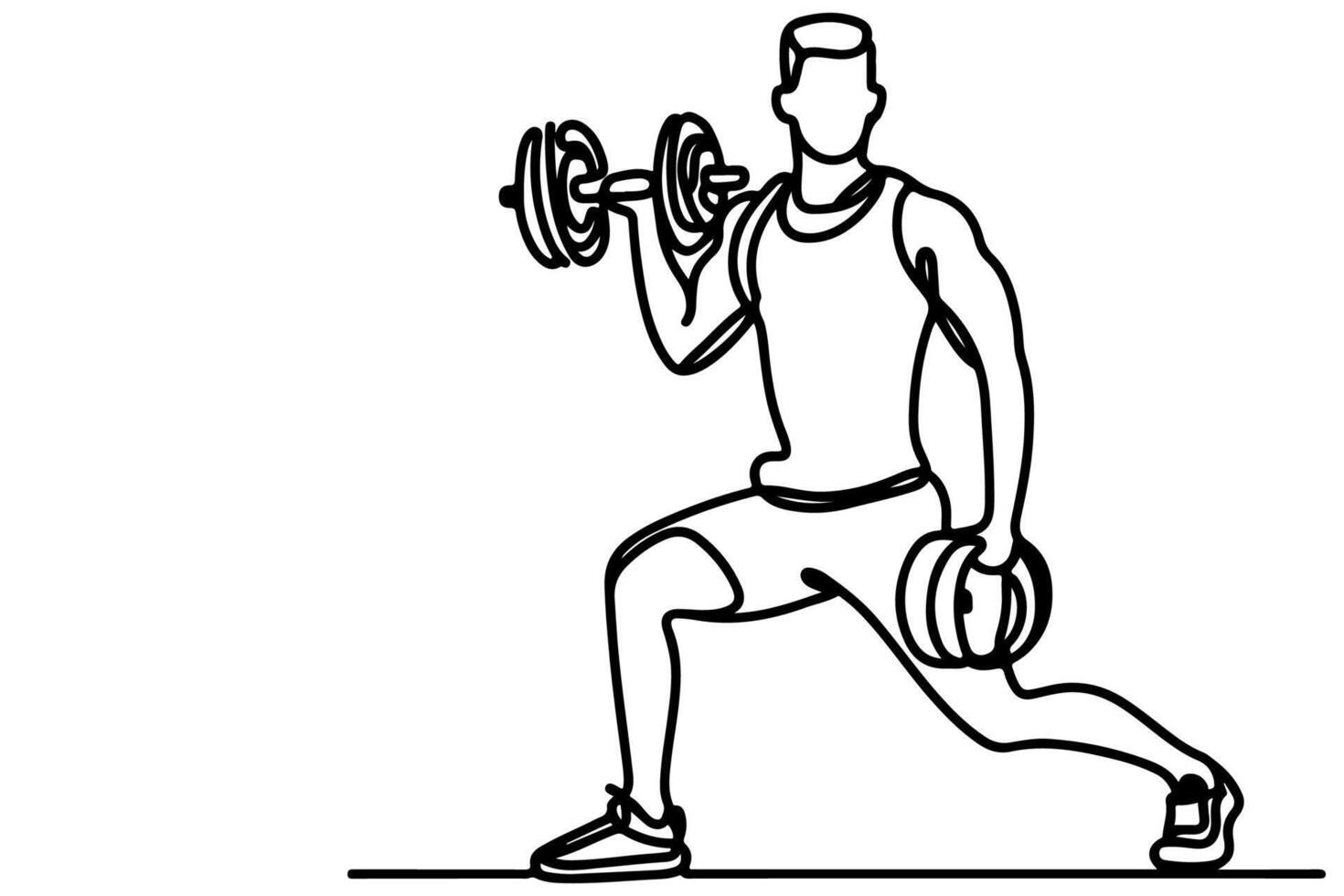 un continu noir ligne dessin de homme levage barbeau avec une lourd poids bar musculation à Gym griffonnage linéaire dessin dessin animé sur blanc Contexte vecteur