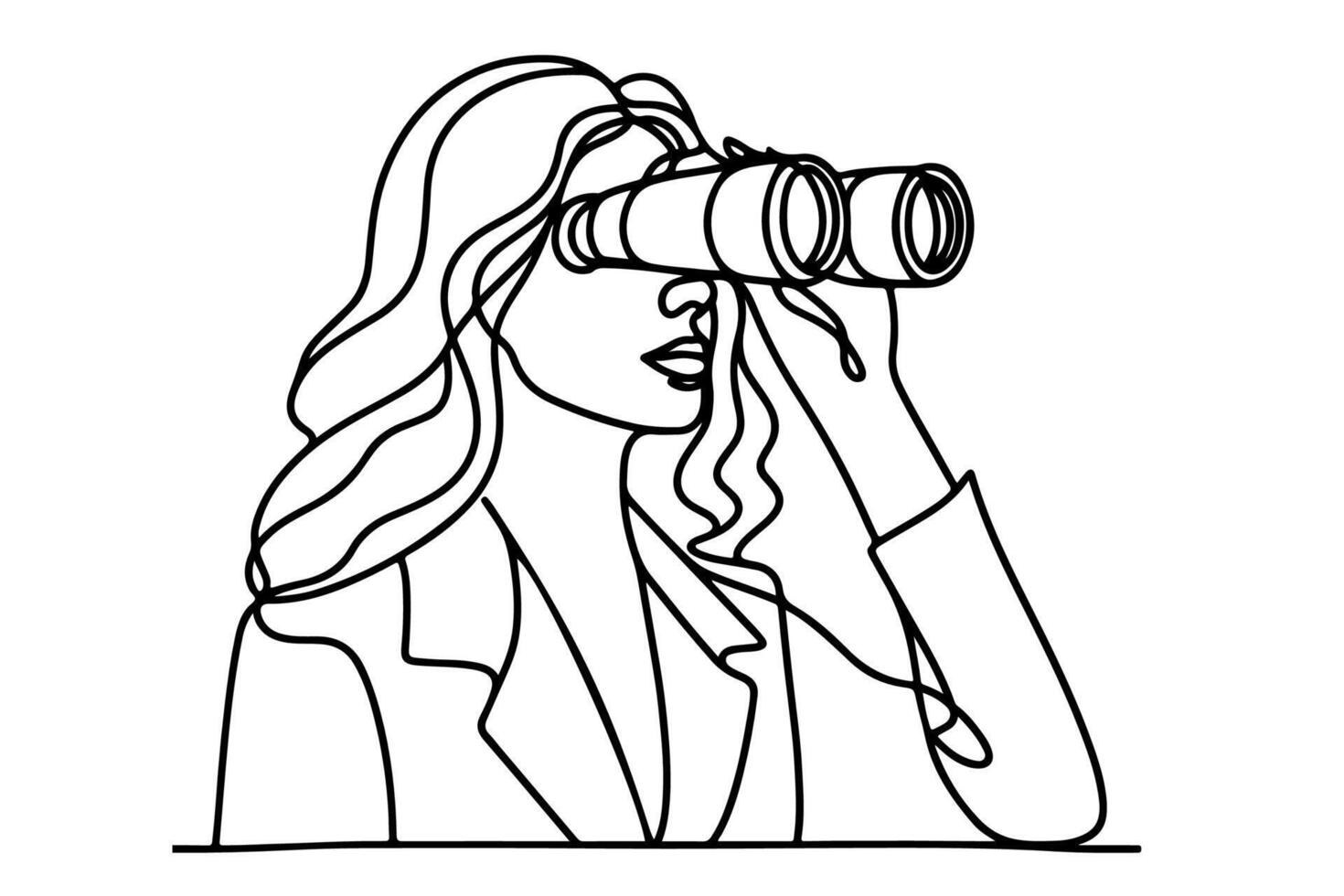 un continu noir ligne main dessin de voyageur femme debout, en portant binoculaire et à la recherche dans distance avec jumelles linéaire esquisser griffonnage sur blanc Contexte vecteur