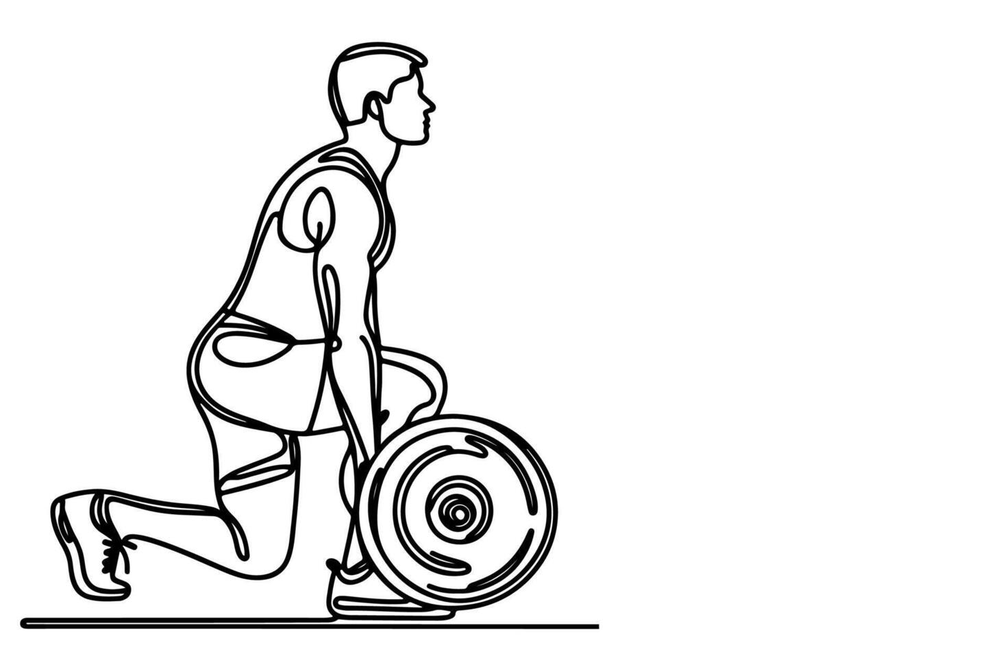 un continu noir ligne dessin de homme levage barbeau avec une lourd poids bar musculation à Gym griffonnage linéaire dessin dessin animé sur blanc Contexte vecteur