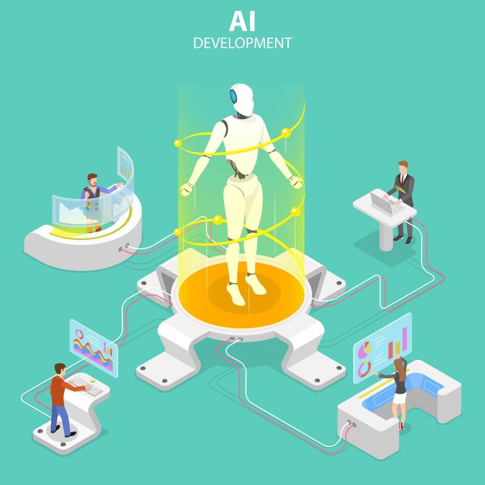 plat isométrique concept de ai développement. vecteur