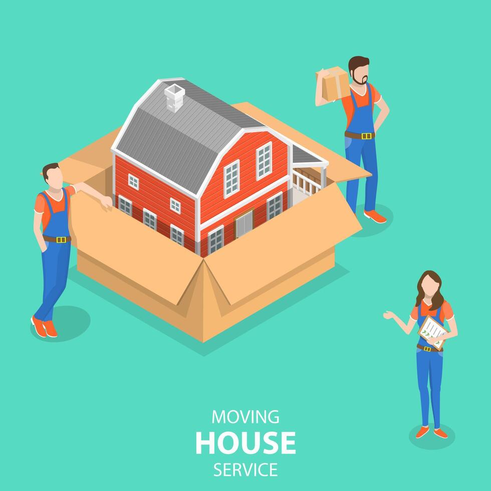 isométrique plat concept de maison en mouvement et déménagement service. vecteur