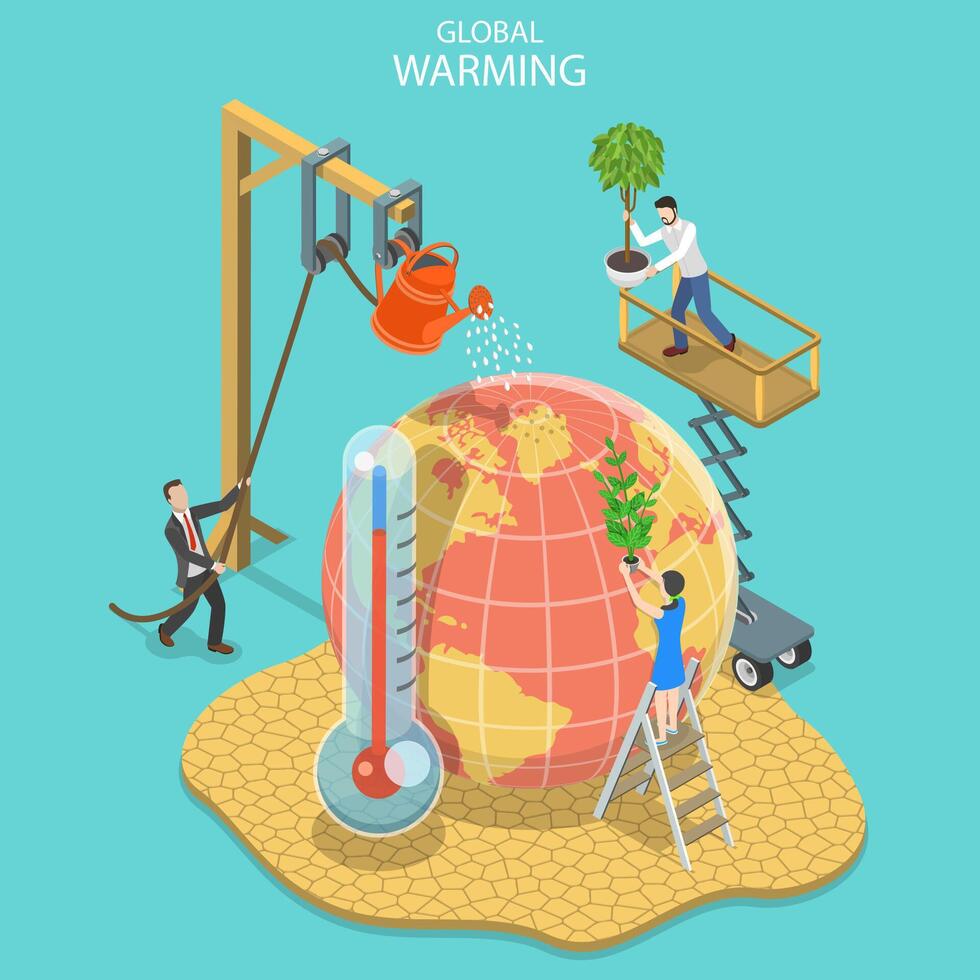 isométrique plat concept de global échauffement, climat changement. vecteur