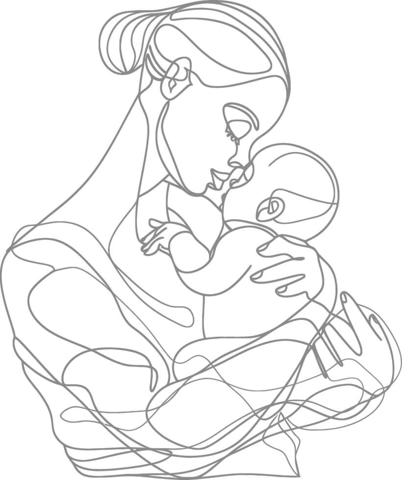 un continu ligne dessin de mère en portant bébé noir Couleur seulement vecteur